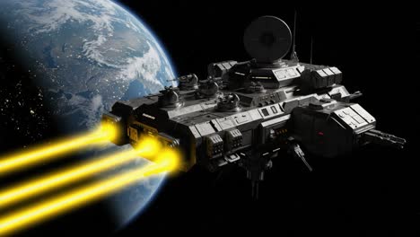 a futuristic spacecraft ascending from earth orbit, emitting brilliant yellow energy trails against a stunning cosmic backdrop highlighting planetary features