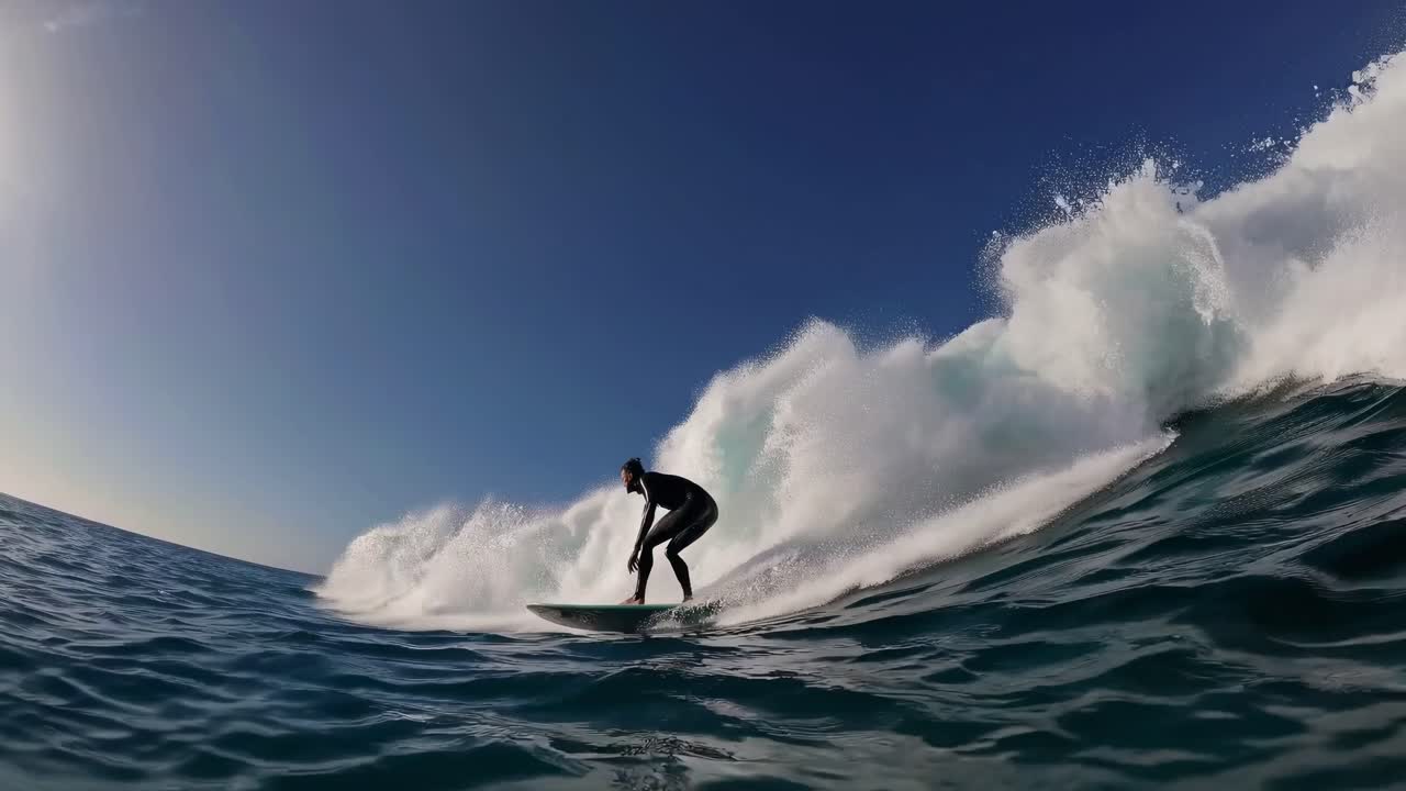 Dynamic surfing video capturing a surfer riding a powerful wave, showcasing thrilling