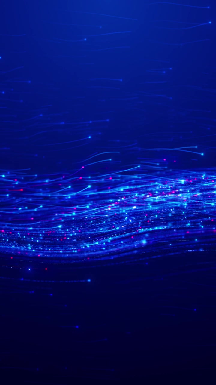 Blue data wave flow background glowing particle lines accent nodes and smooth digital motion across