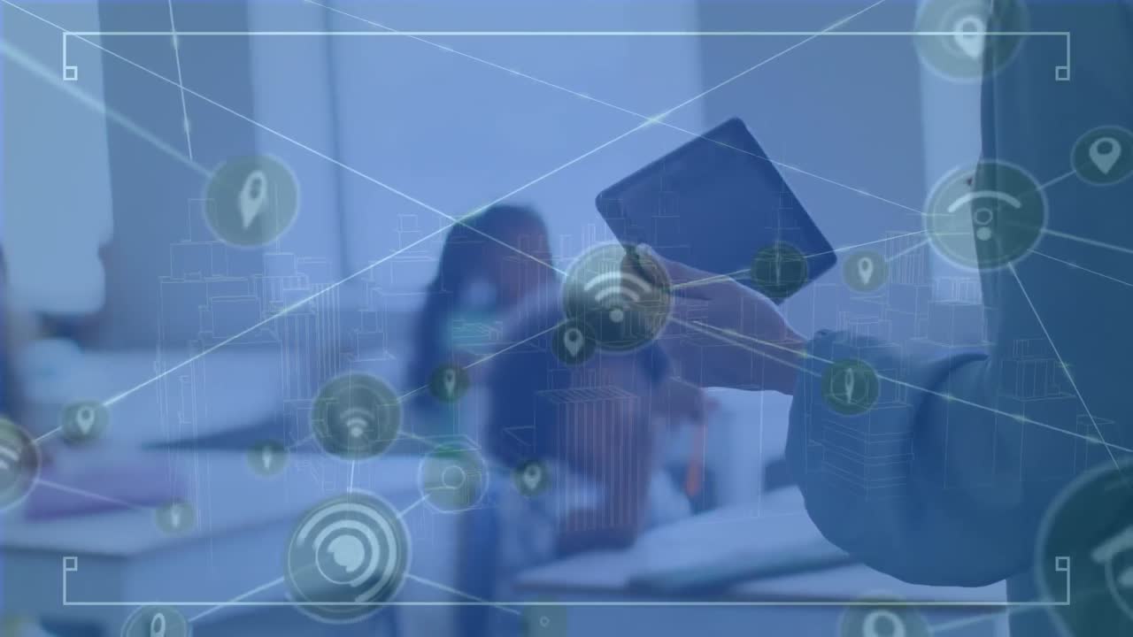 Animation of network of connections over hand of caucasian female teacher with tablet at school