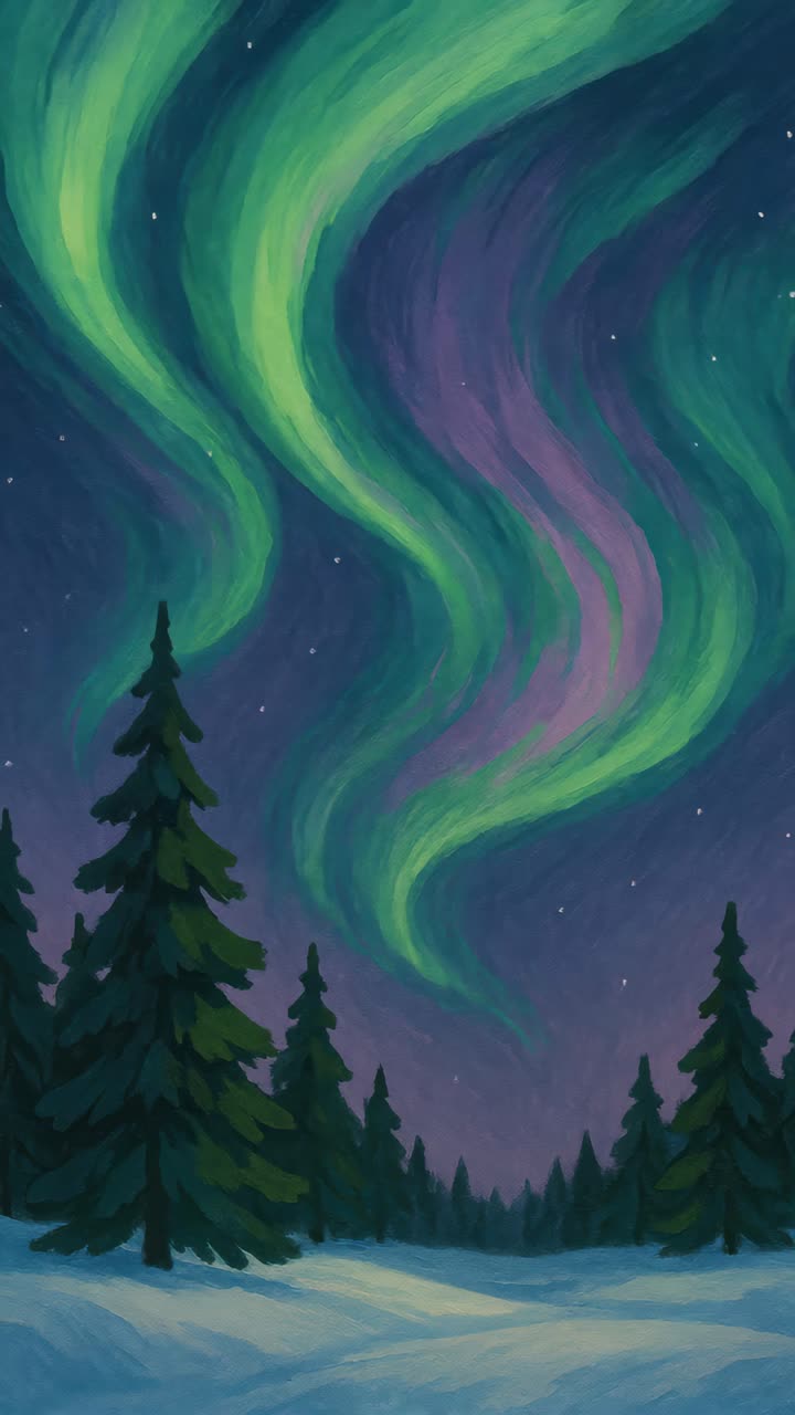 Illustration of a vibrant aurora borealis over snowy pines, viewed from a low angle