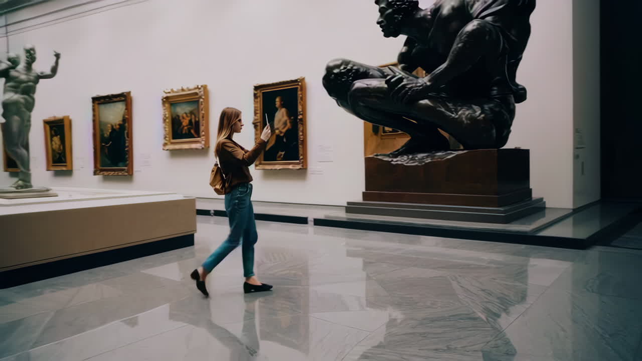 Woman taking photos of art in a museum