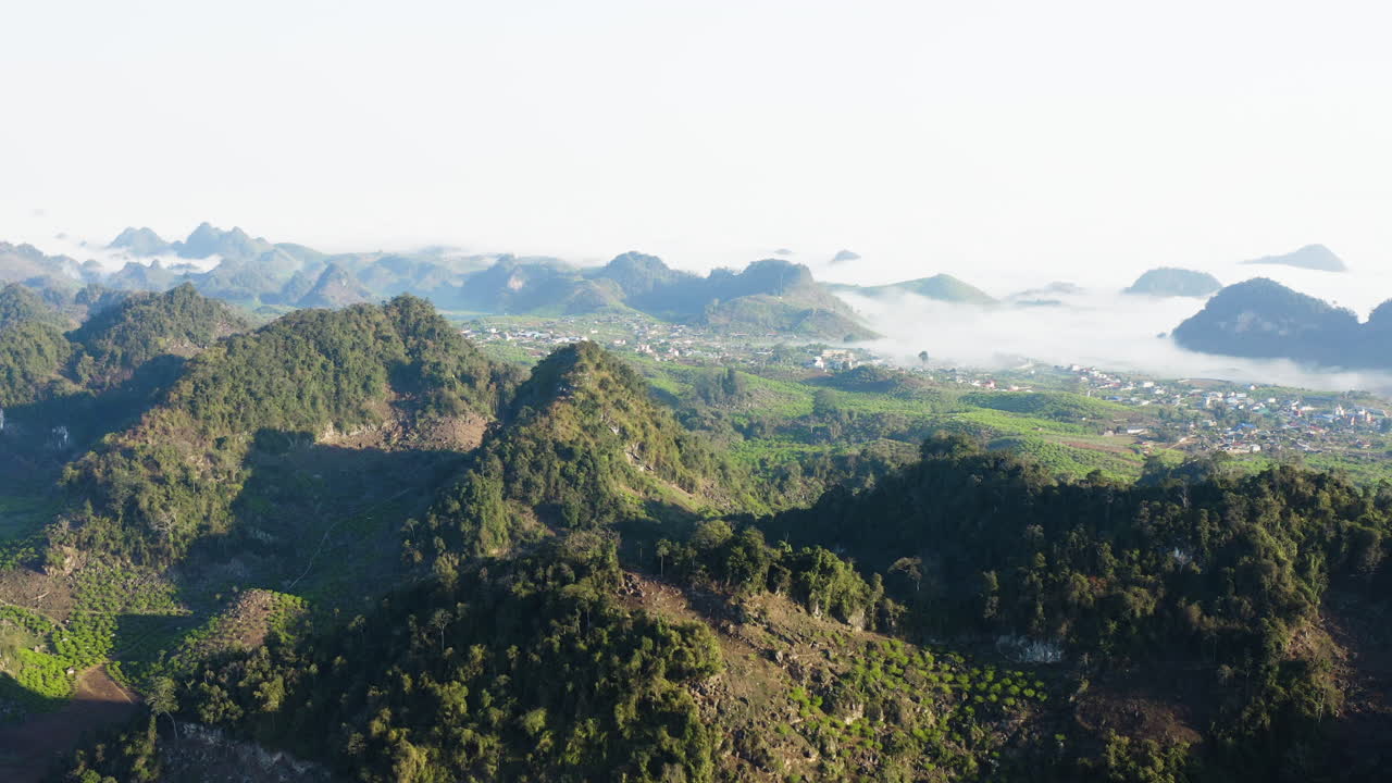 Breathtaking high-altitude drone clip captures vibrant plum blossom fields under sunny skies, with green mountains framing Vietnam’s iconic Mộc Châu landscape. Shot on 4K