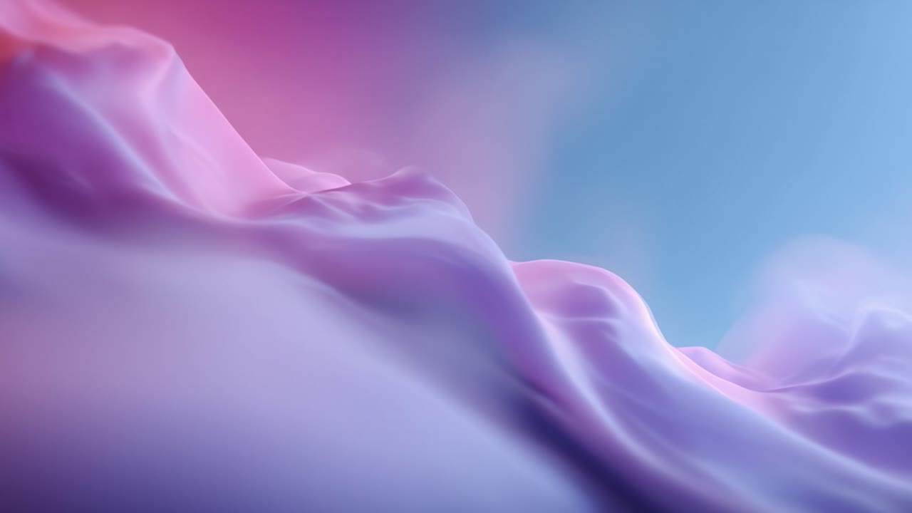 Una bellissima onda astratta di nuvole di zucchero filato, morbide e colorate, che mescolano tonalità di rosa, viola e blu in un paesaggio onirico ed etereo dal movimento fluido