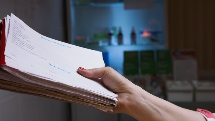 Hand holding a stack of medical records near a refrigerator in a medical office