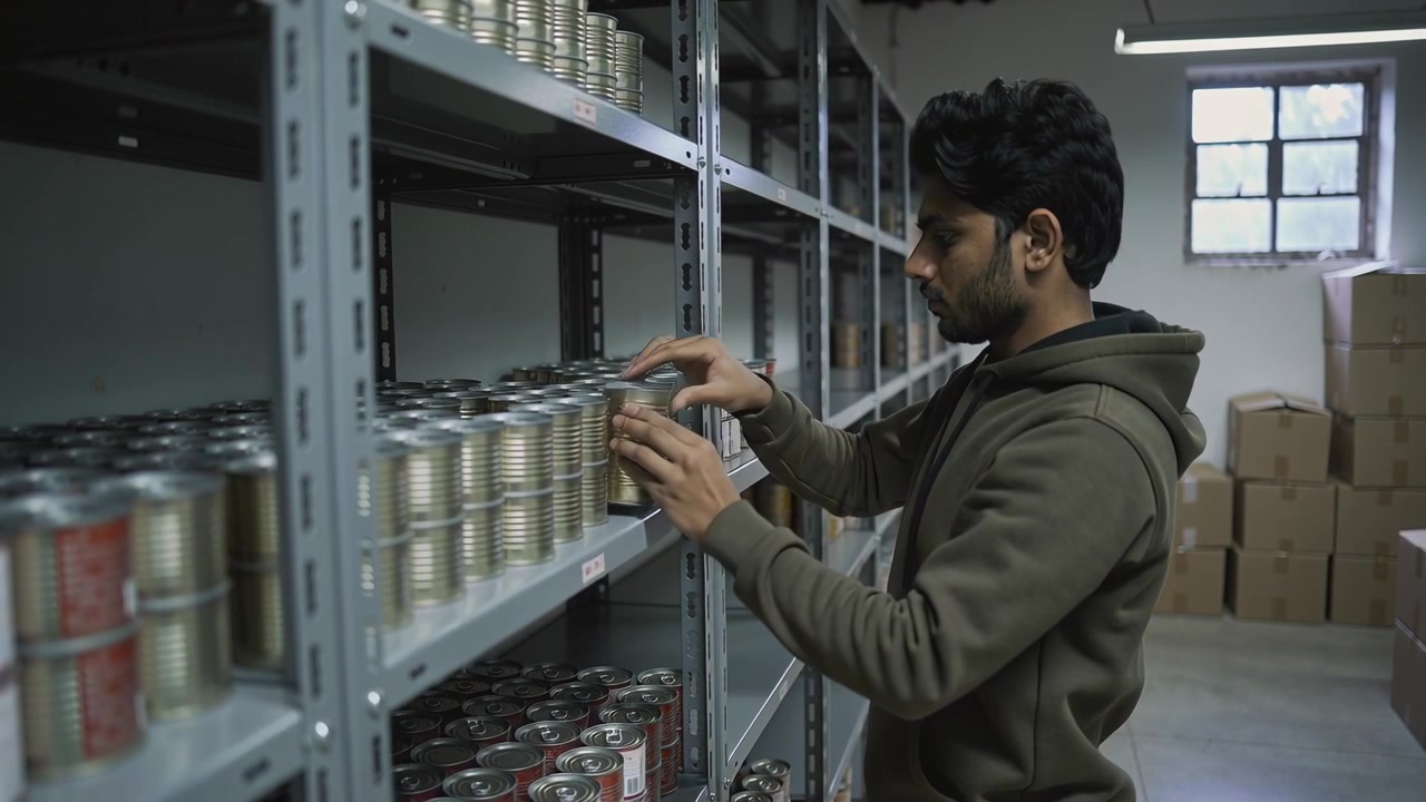 Reaching clerk in hoodie lifting, checking and aligning cans on shelf, organizing rows, copy space