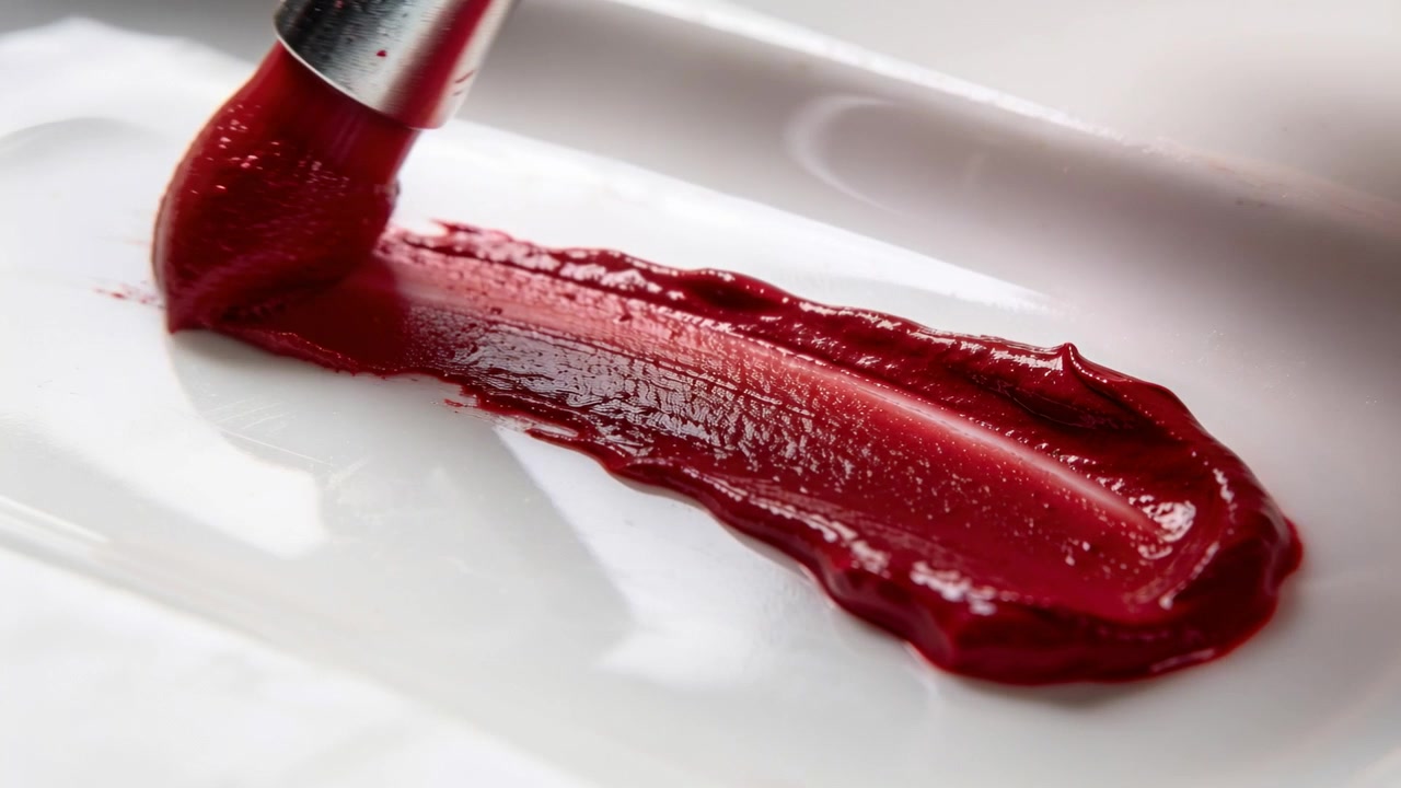 Applicatore con punta metallica che stende un pigmento cremoso rosso su un piatto di ceramica per una finitura lucida.