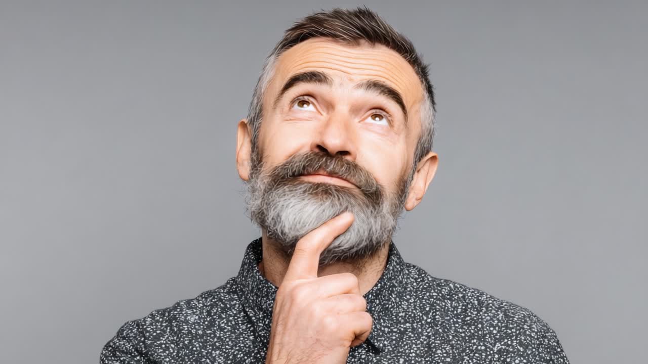 Uomo Contemplativo con Barba Brizzolata ed Espressione Pensierosa che Guarda Verso l'Alto in un Ambiente da Studio, Impegnato in Profonda Riflessione o Meditando sulle Scelte di Vita