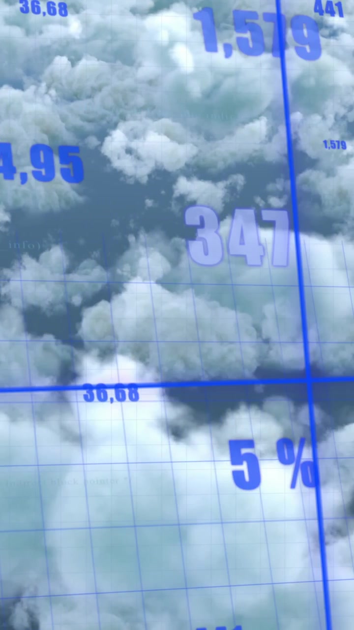 Animação de processamento de dados estatísticos sobre rede quadriculada contra nuvens em céu azul