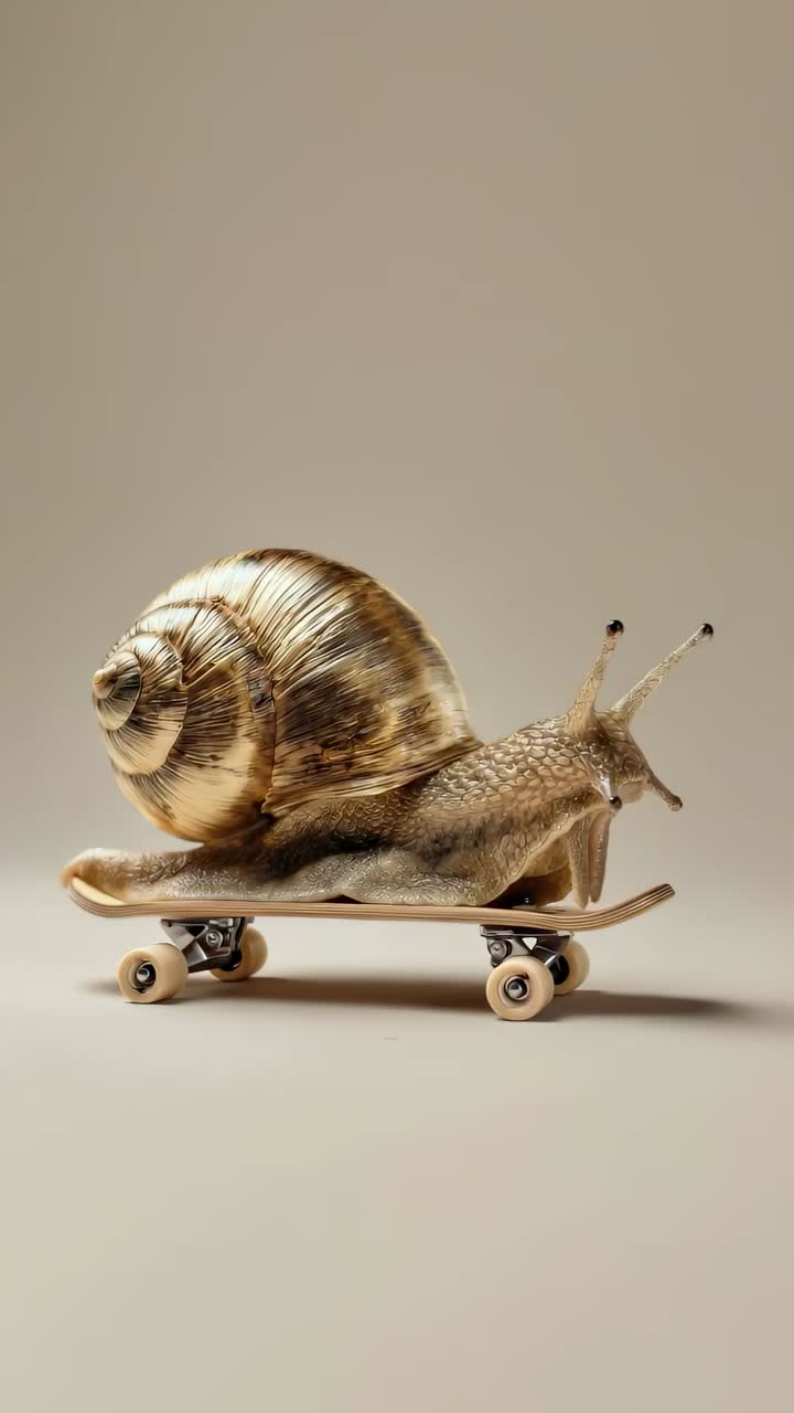 Reflective metallic shell snail moving gracefully on skateboard in studio