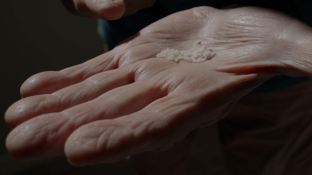 elderly hands hold rice, one finger is playing with a grain of rice while the other holds a small pile, elderly hunger and limited resources