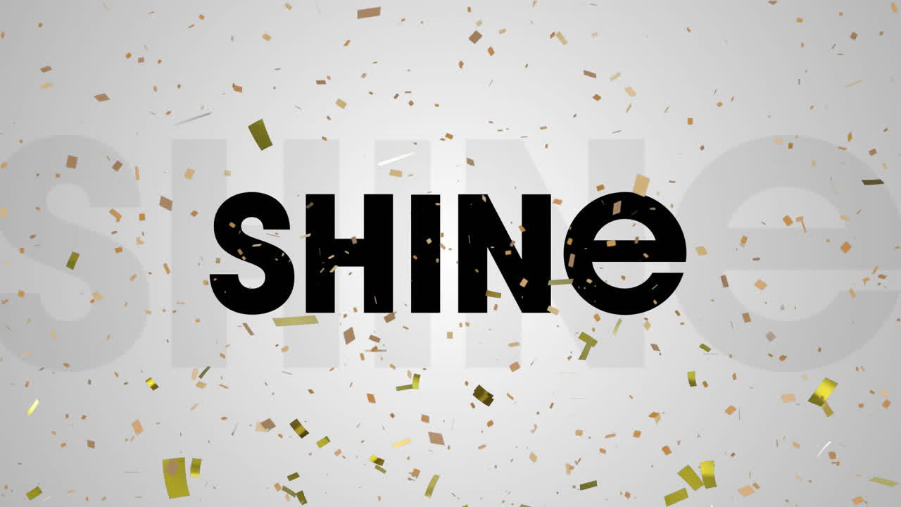 회색 배경에 반 ⁇ 이는 텍스트 위에 떨어지는 금색 콘페티의 디지털 애니메이션