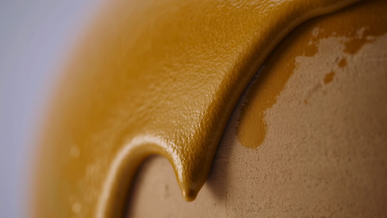 Liquide doré visqueux coulant lentement le long d'une surface texturée