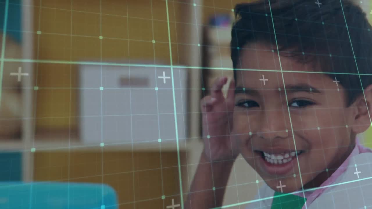 Animation of a boy painting over a grid in the background
