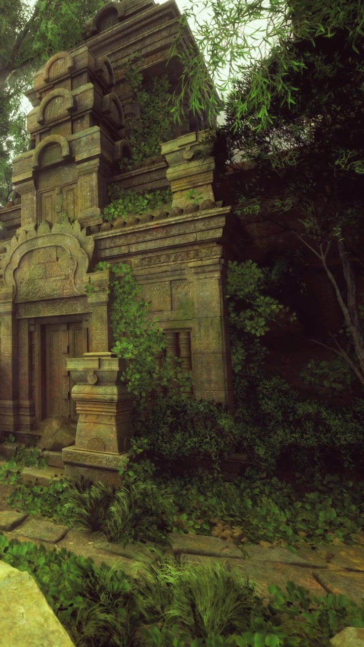 Antiche rovine ricoperte da una vegetazione lussureggiante evocano un senso di mistero e meraviglia.
