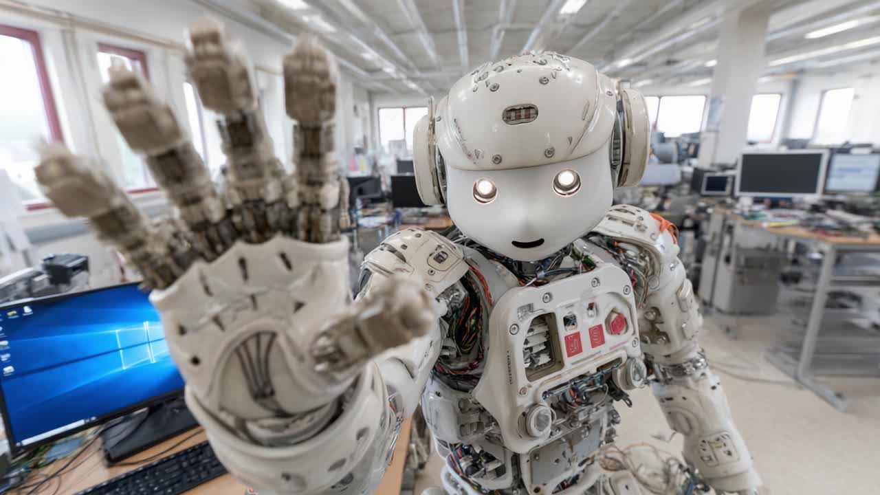 Un robot amichevole in un ambiente di laboratorio high-tech, che mostra robotica avanzata con dettagli intricati e un gesto accogliente verso gli osservatori