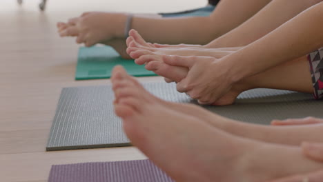 yoga class of young healthy women practicing seated forward bend pose enjoying healthy lifestyle exercising in fitness studio