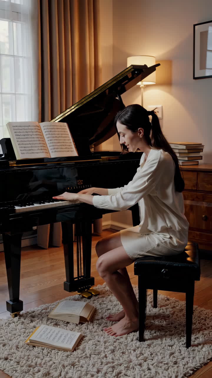 Woman Playing Grand Piano in Elegant Living Room