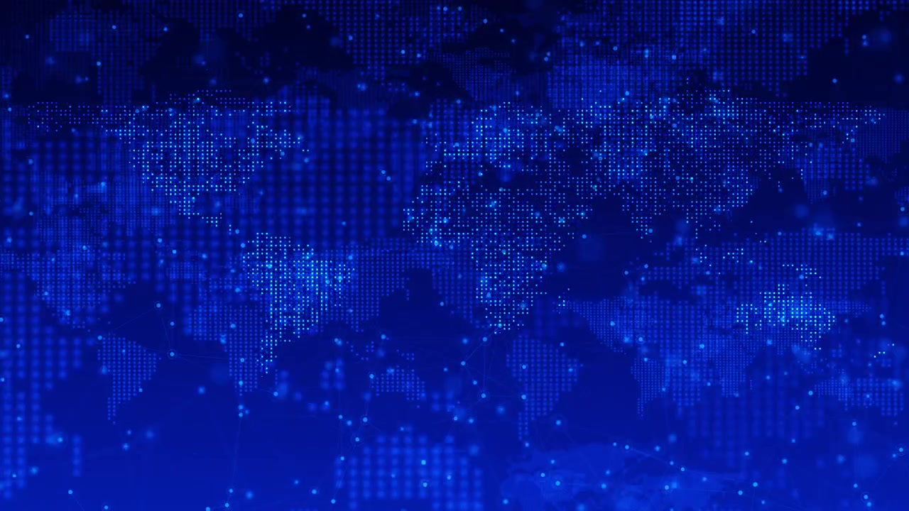 Global digital map visual blue dotted world continents network nodes glowing connection lines