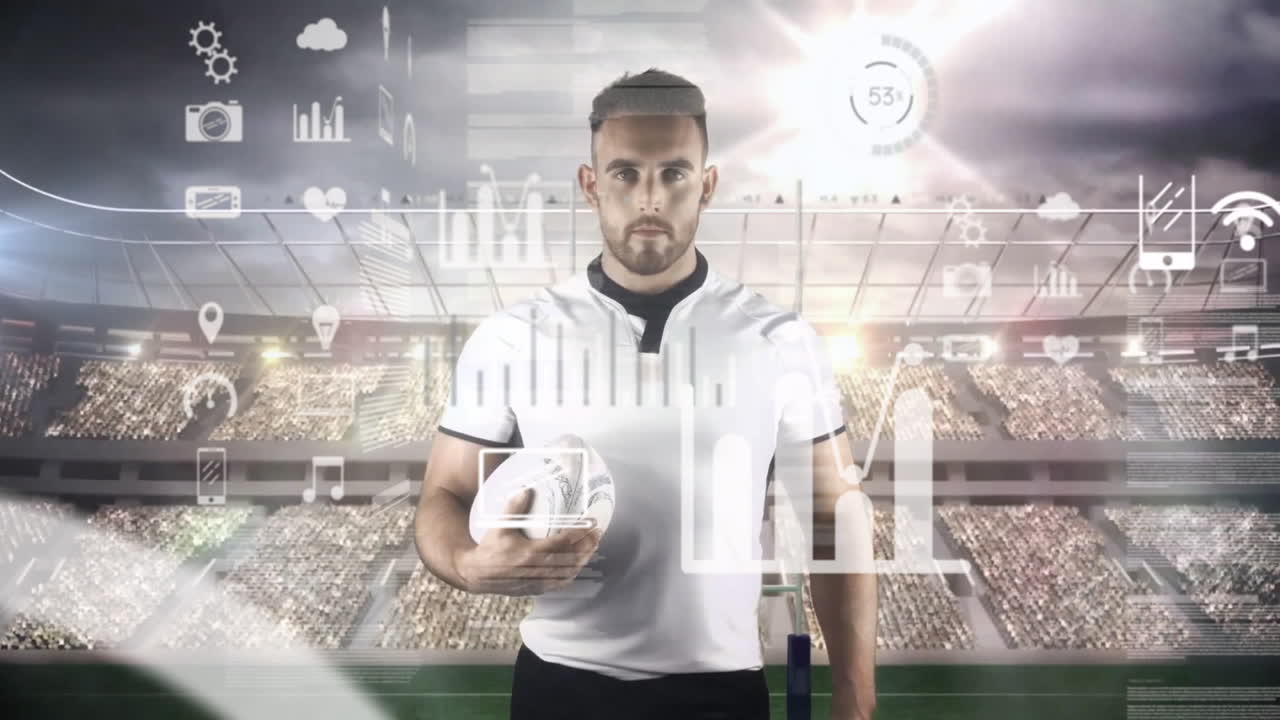 Holding rugby ball, player with animation of digital data graphics in stadium