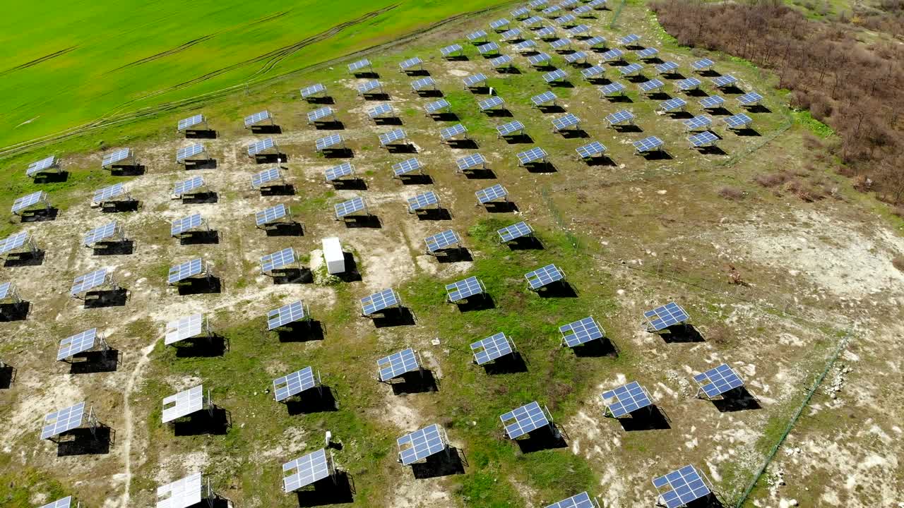 Aerial view industrial Photovoltaic solar units panels environment producing renewable green energy