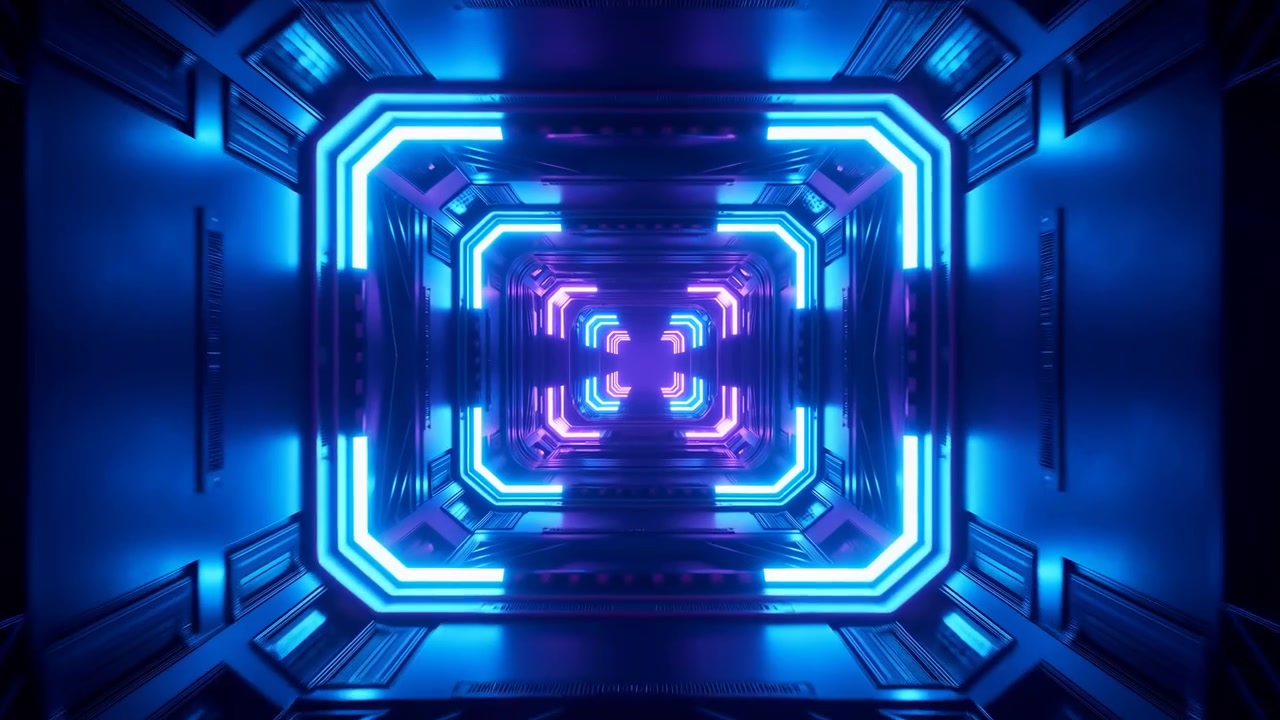 Corridoio neon che brilla di blu e magenta, tunnel metallico infinito con cornici luminose quadrate ripetute, riflettente