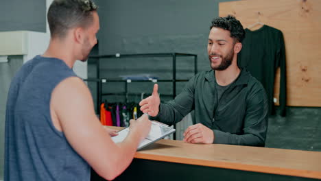 Handshake,-discussion-and-men-with-a-gym