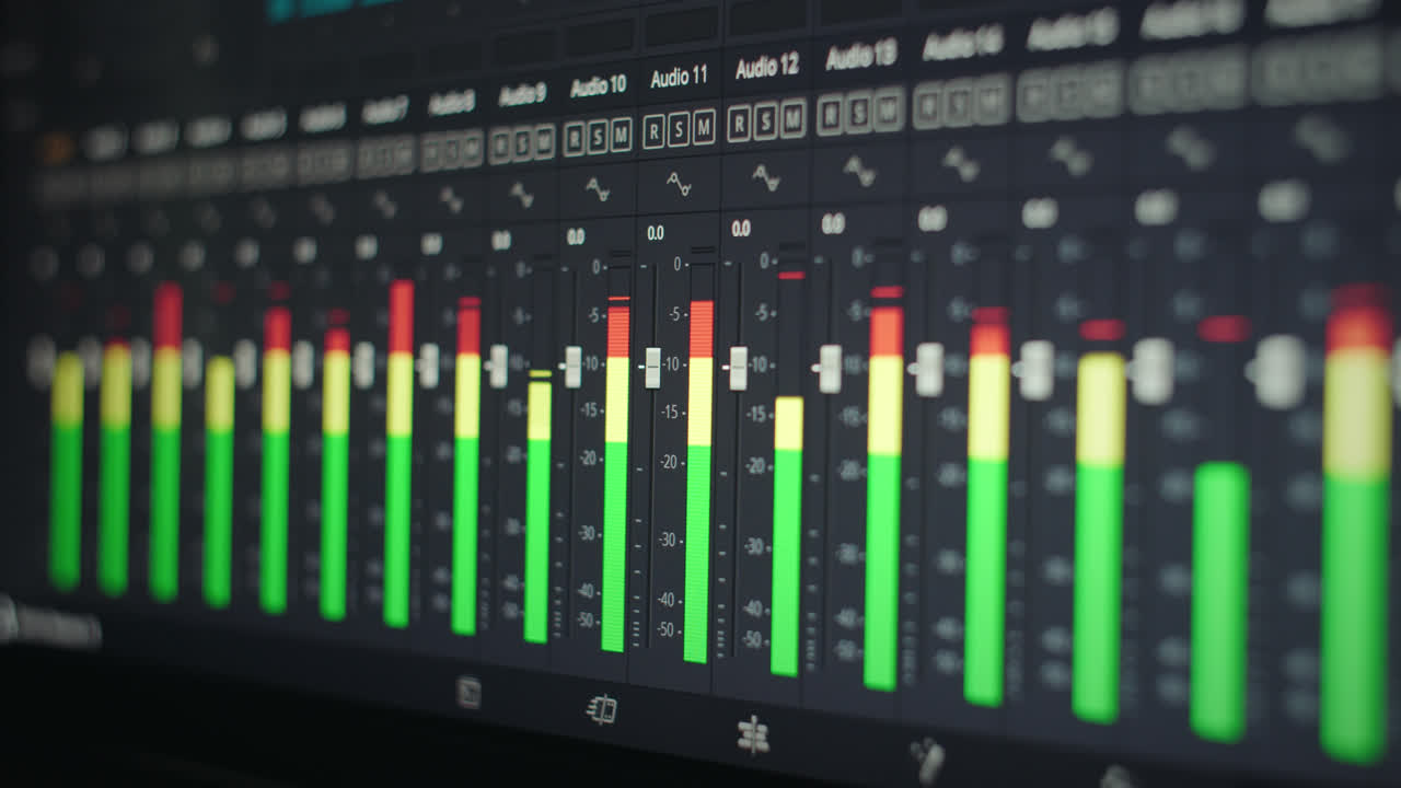 Audio Levels Sound Mixing Faders in a Recording Studio Reveal
