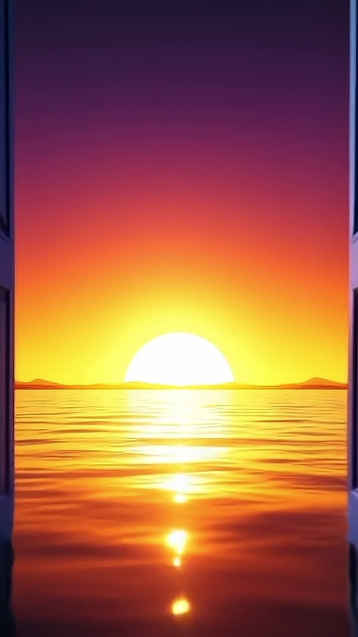 Three doors open to a vibrant sunset. Doors stand on a calm ocean surface as a stunning sunset casts warm colors across the sky and water.