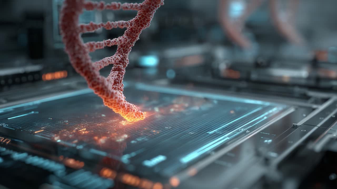 Dramatic Representation of DNA Manipulation with Advanced Technology, Showcasing the Fusion of Biological and Digital Elements in a Futuristic Setting