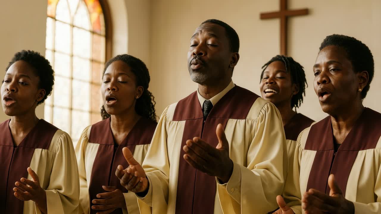 A mid-angle video captures a choir singing passionately in a church, with warm lighting