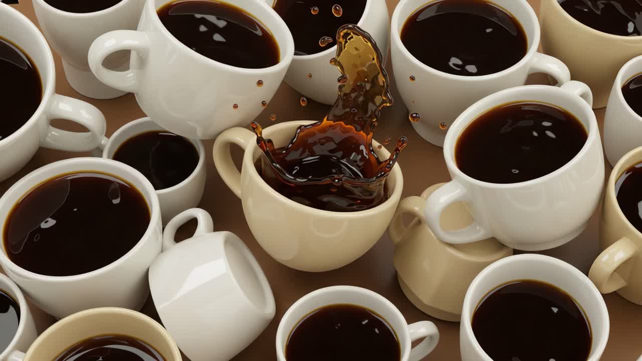 A Vibrant Display of Coffee Cups: A Dynamic Scene Capturing the Moment of Liquid Motion and Colorful Presentation in an Arrangement of Various Coffee Mugs