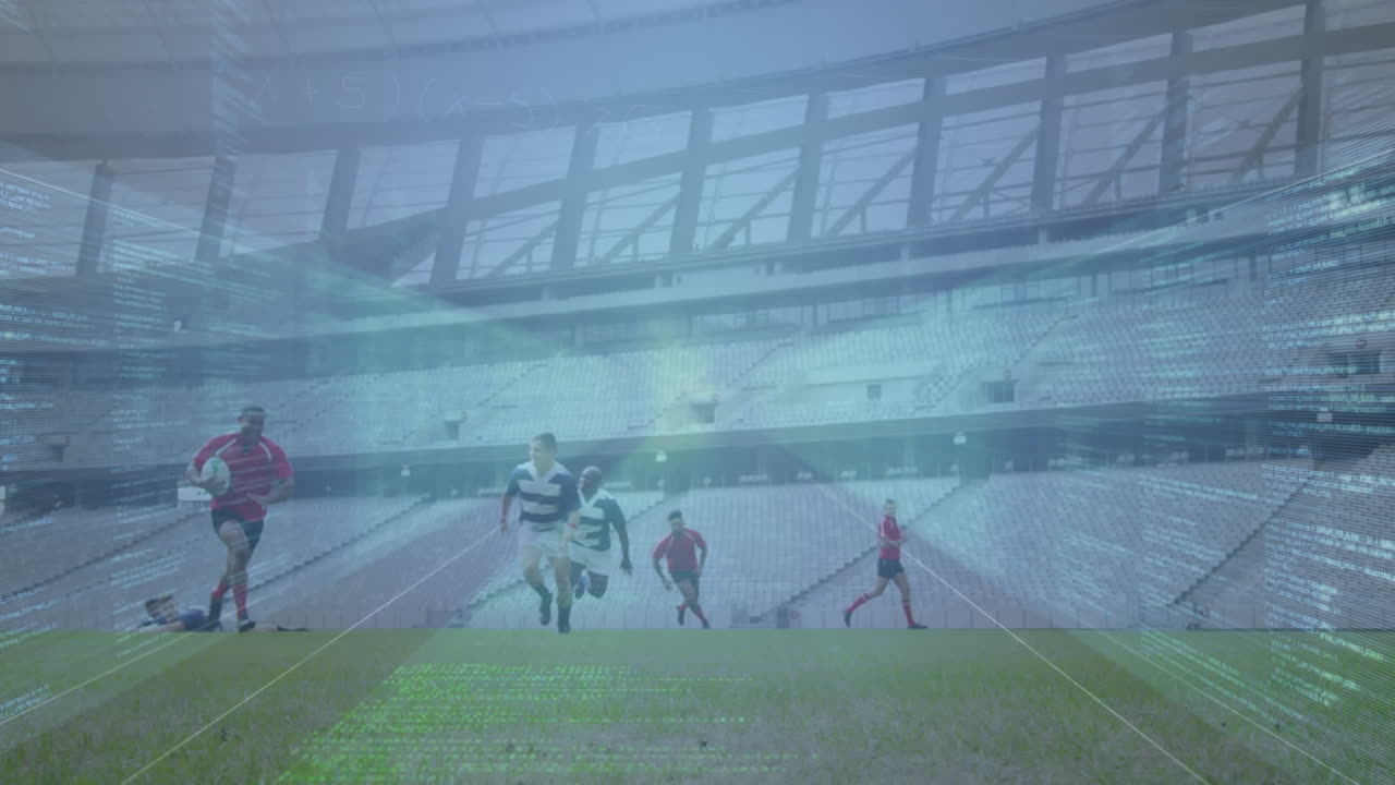 스타디움에서 럭비 선수들에 대한 데이터 처리 애니메이션