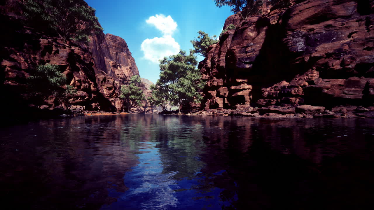 Vibrant natural landscape with blue water and rocky cliffs under a clear sky