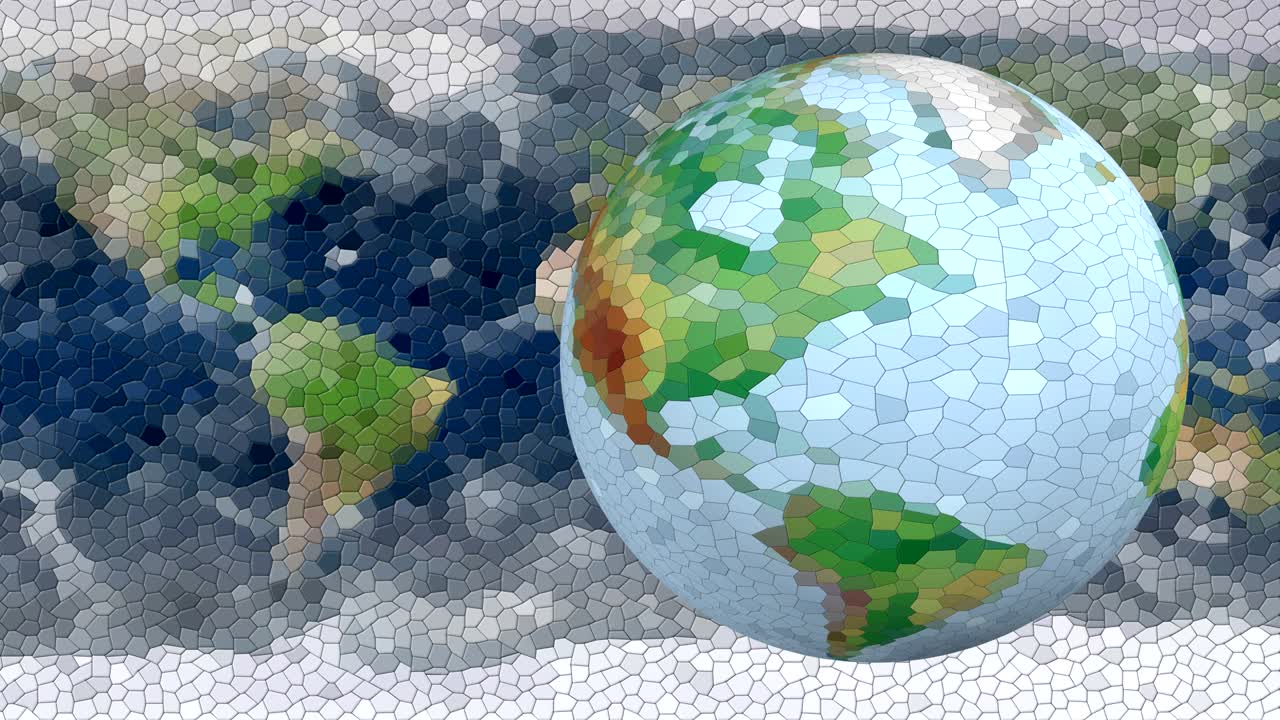 낮은 폴리 이미지를 가진 지구는 3d 공간에서 회전합니다.