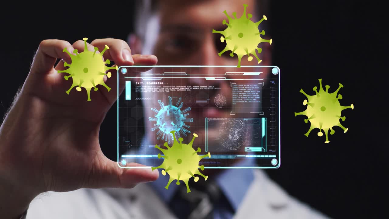 animación de células de covid-19 sobre un médico caucásico que sostiene una pantalla con datos médicos
