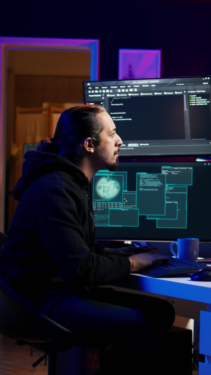 Vertical video Hacker typing fast on keyboard, rushing to finish developing spyware software