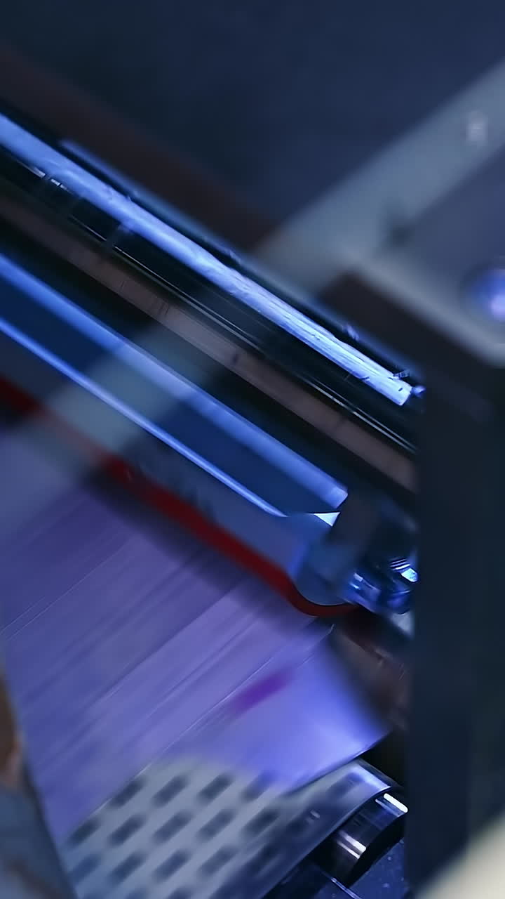 Enterprise for the production of diapers. Spinning shaft rotate and move the white layer along the conveyor line. Mechanism at work close up. Vertical video