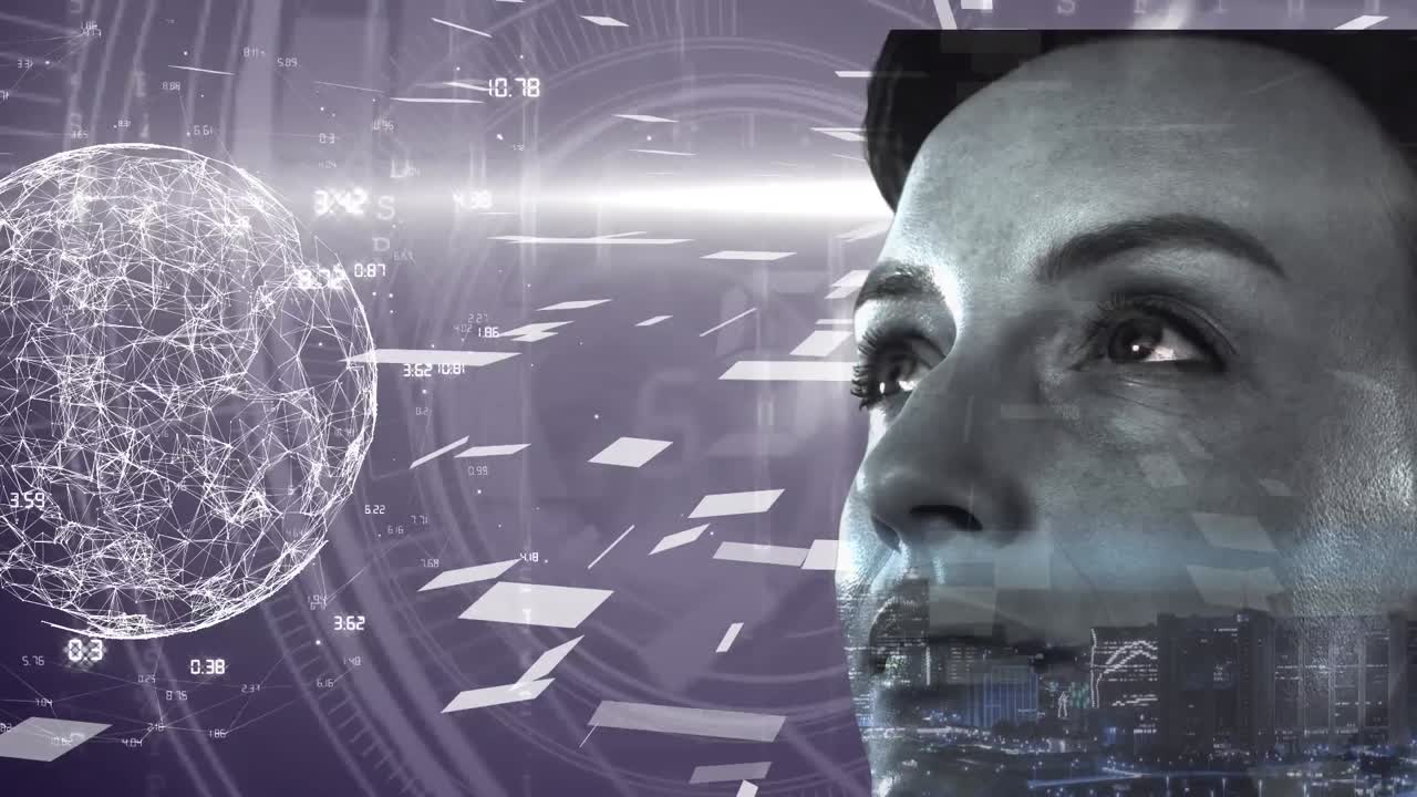 animación del globo con red de conexión y paisaje urbano sobre el rostro de la mujer