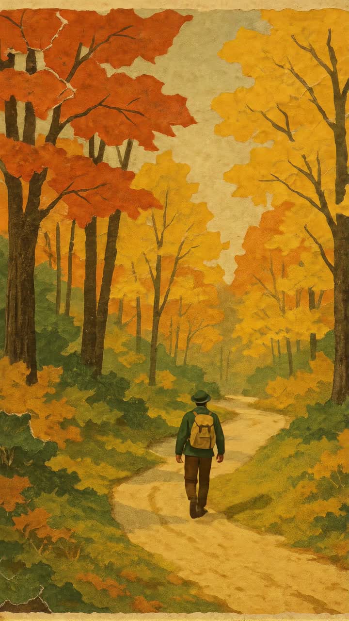 Vintage-style video still of a man walking on a forest path in autumn