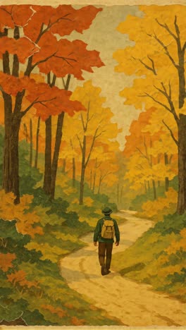 Vintage-style video still of a man walking on a forest path in autumn
