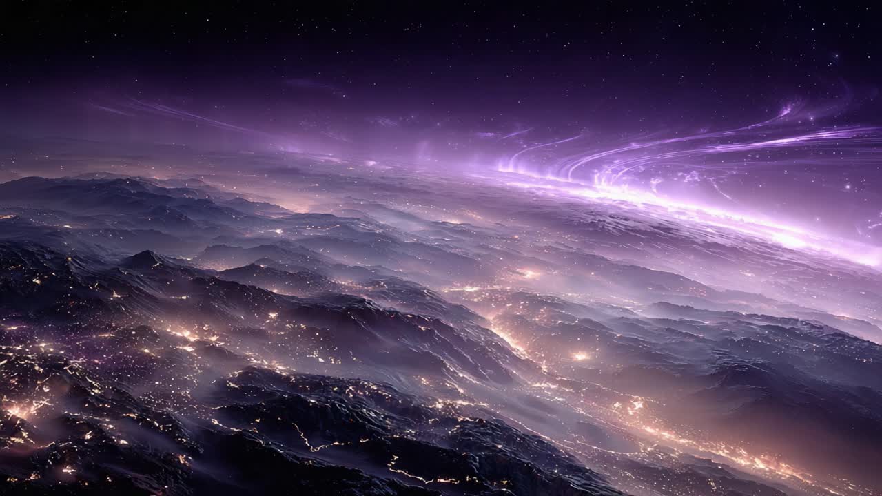 Breathtaking Cosmic Landscape: A Stunning Transformation of Celestial Colors from Day to Night Over a Majestic Mountain Range With Glittering City Lights