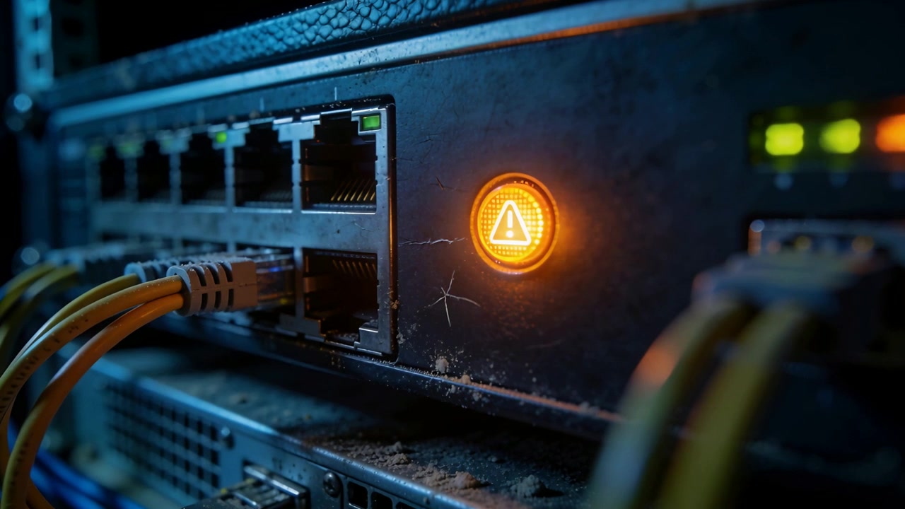 Starting tight camera view focusing on network switch panel pulsing orange warning LED
