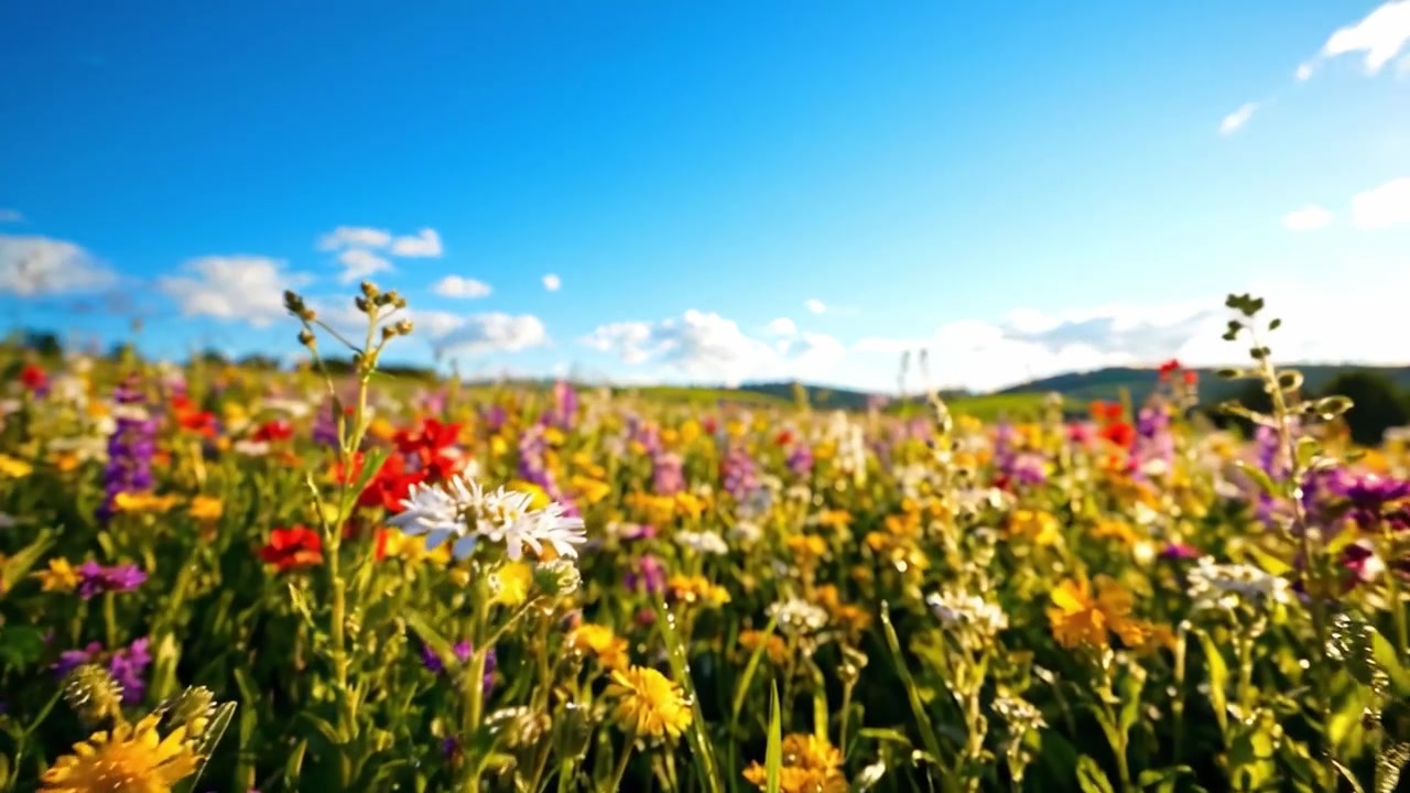 Vibrante prato di fiori selvatici sotto un cielo azzurro brillante: la colorata tavolozza della natura esposta in una serena prospettiva paesaggistica.