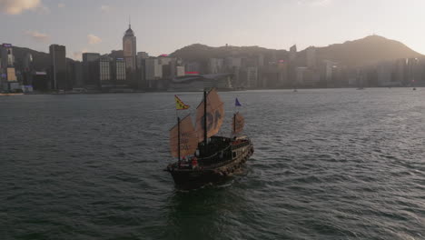 traditional aqua luna junk boat with hong kong island panorama and victoria harbour in backdrop drone panning shot