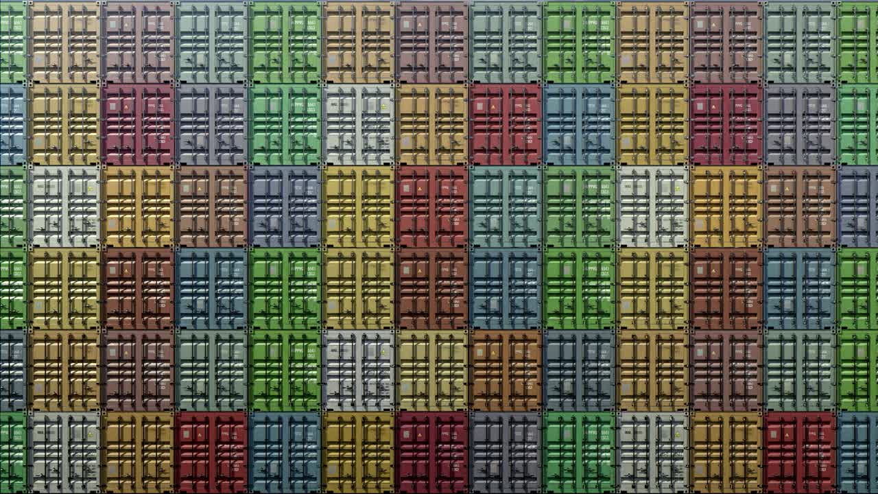 pila de contenedores en un puerto, envío en el astillero, importación y exportación logística, en color normal, bucle sin costuras, vista de la pared delantera