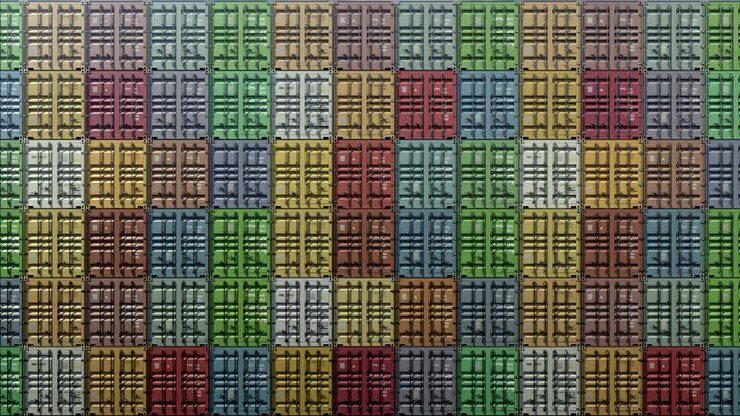 Pila di container in un porto, movimentazione merci in banchina, logistica di importazione ed esportazione, a colori normali, in loop continuo, vista frontale