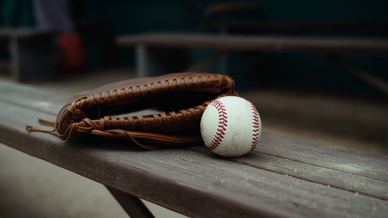 Baseball Glove And Ball On Bench, Empty Dugout In Soft Focus, Worn Leather Texture And Red Stitching,