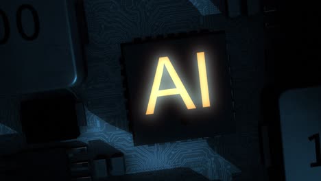 dark and sinister high quality cgi render of an integrated circuit board featuring orange glowing ai text, with a smooth clockwise rotation pushing in slowly on the central ai chip