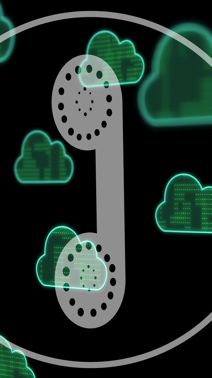 Rotary phone receiver icon animation over green cloud computing symbols